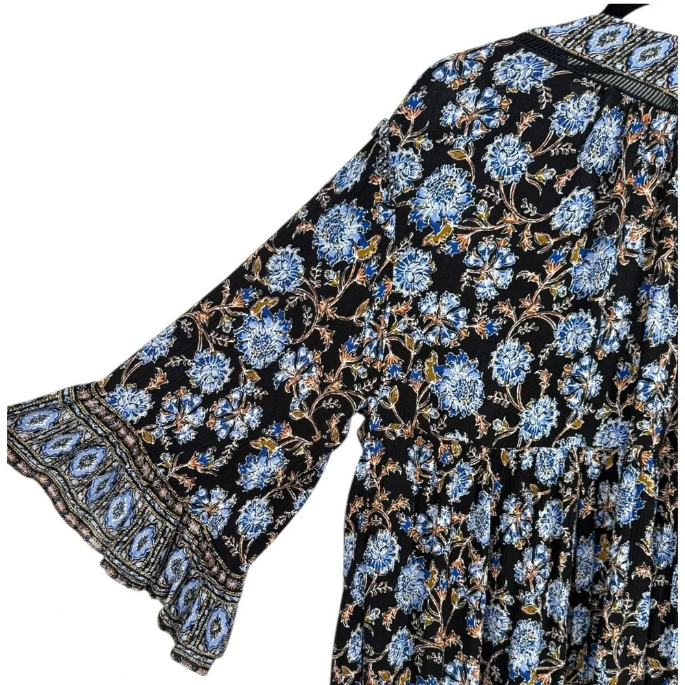 Free People Moonlight Dance‎ Floral Bell Sleeve Boho Tunic Top Blue Size Small